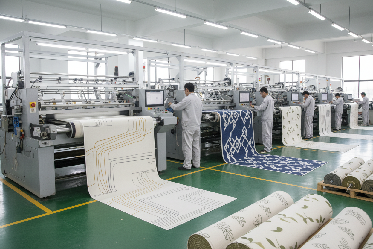 工厂生产大片酒店地毯的车间照片，需要有亚洲人，地毯是简约印花图案