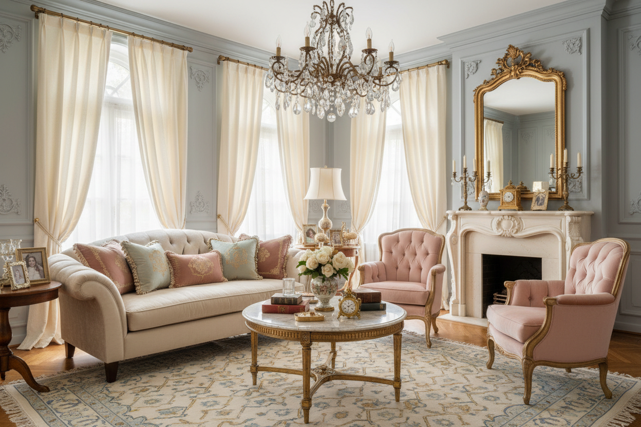 美国家庭场景，配上沙发，沙发上配上抱枕，法式复古轻奢风格