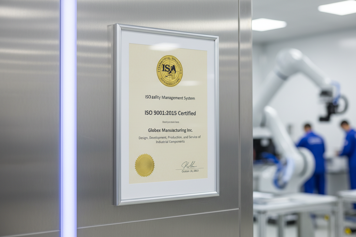 A close-up, professional photo of an ISO 9001 certificate mounted on a clean factory wall, or a photo of a supervisor signing off on a factory inspection checklist.