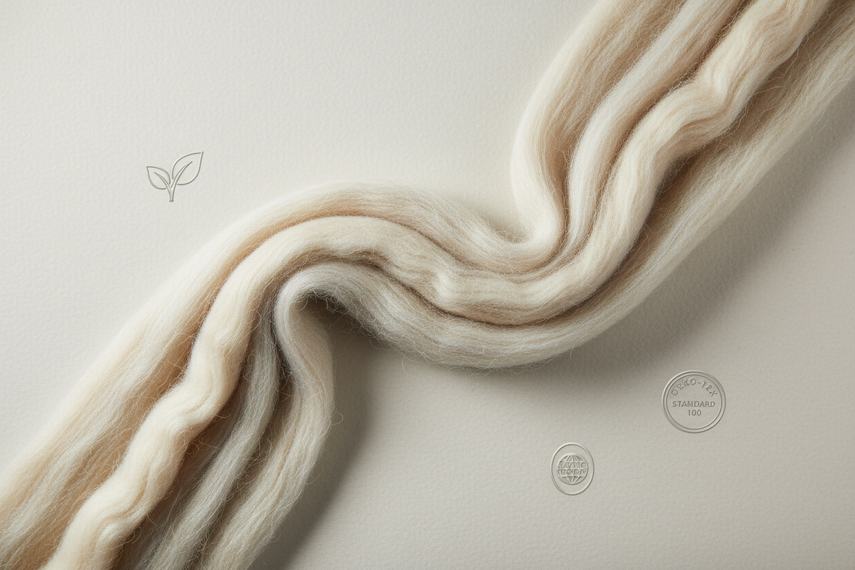 A minimalist shot of textile fibers (like organic wool or Tencel) in their raw form, with a focus on natural, high-quality texture. Include subtle icons for environmental certification.