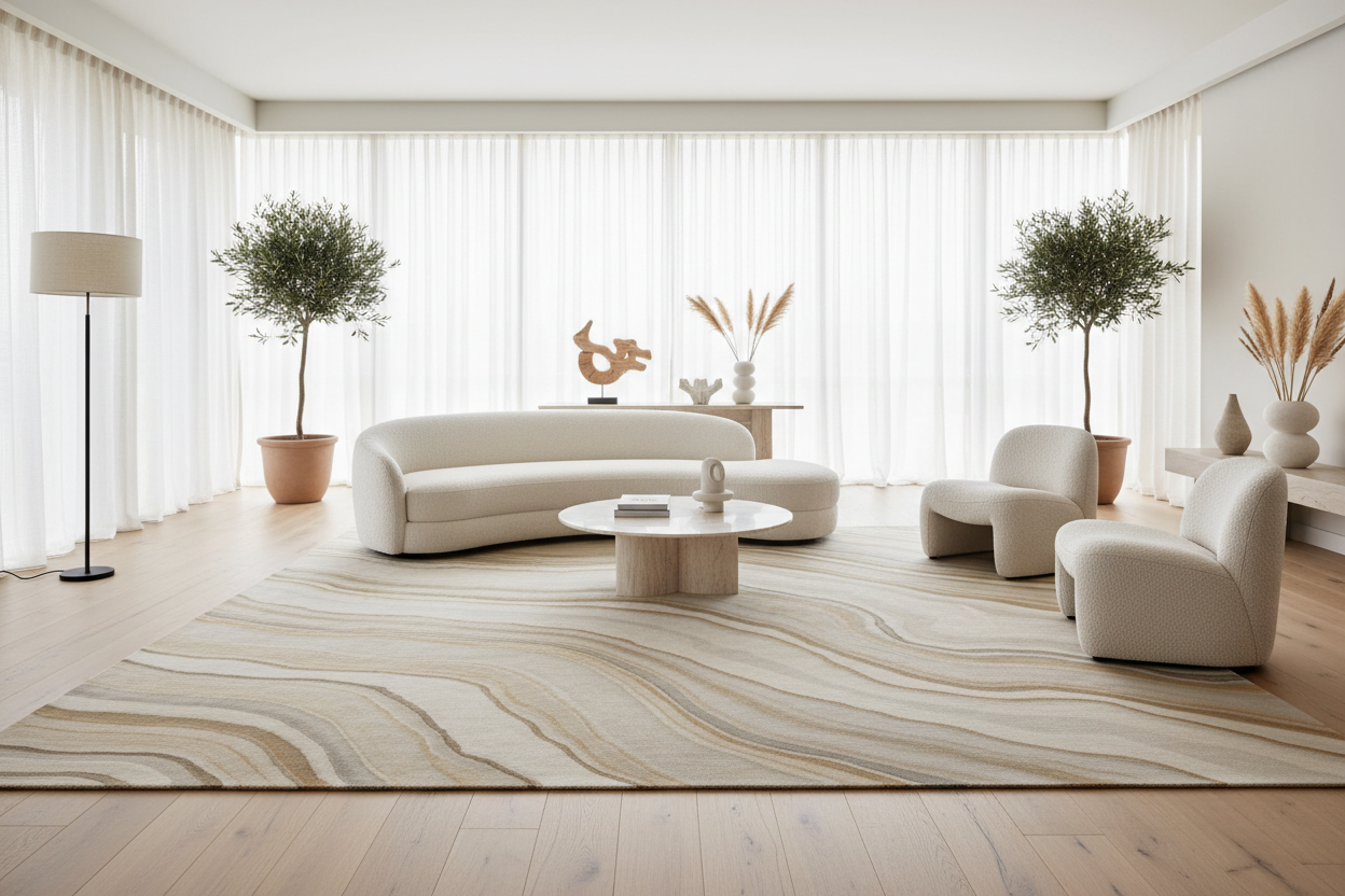 A quiet luxury living room with large floor-to-ceiling windows, soft natural light, a cream curved sofa, light wood flooring, and a large rectangular area rug as the main focal point. The rug has a subtle abstract stone or marble-inspired pattern in warm beige and greige tones. Minimal decor, modern organic interior style, high-end editorial photography, 16:9 aspect ratio.