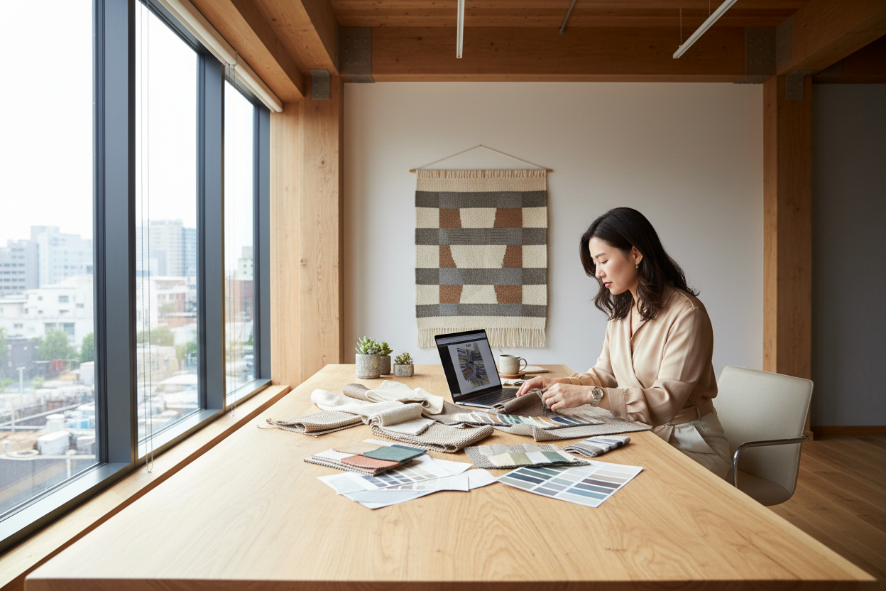 asian interior designer working at a clean wooden desk, arranging fabric swatches, color palettes, and textile samples. Soft natural daylight from a large window, modern minimalist studio with warm neutral tones. Tablet or laptop displaying a weaving pattern. High-end lifestyle photography, professional textile design environment, 4k, wide-angle composition, 16:10 aspect ratio.
