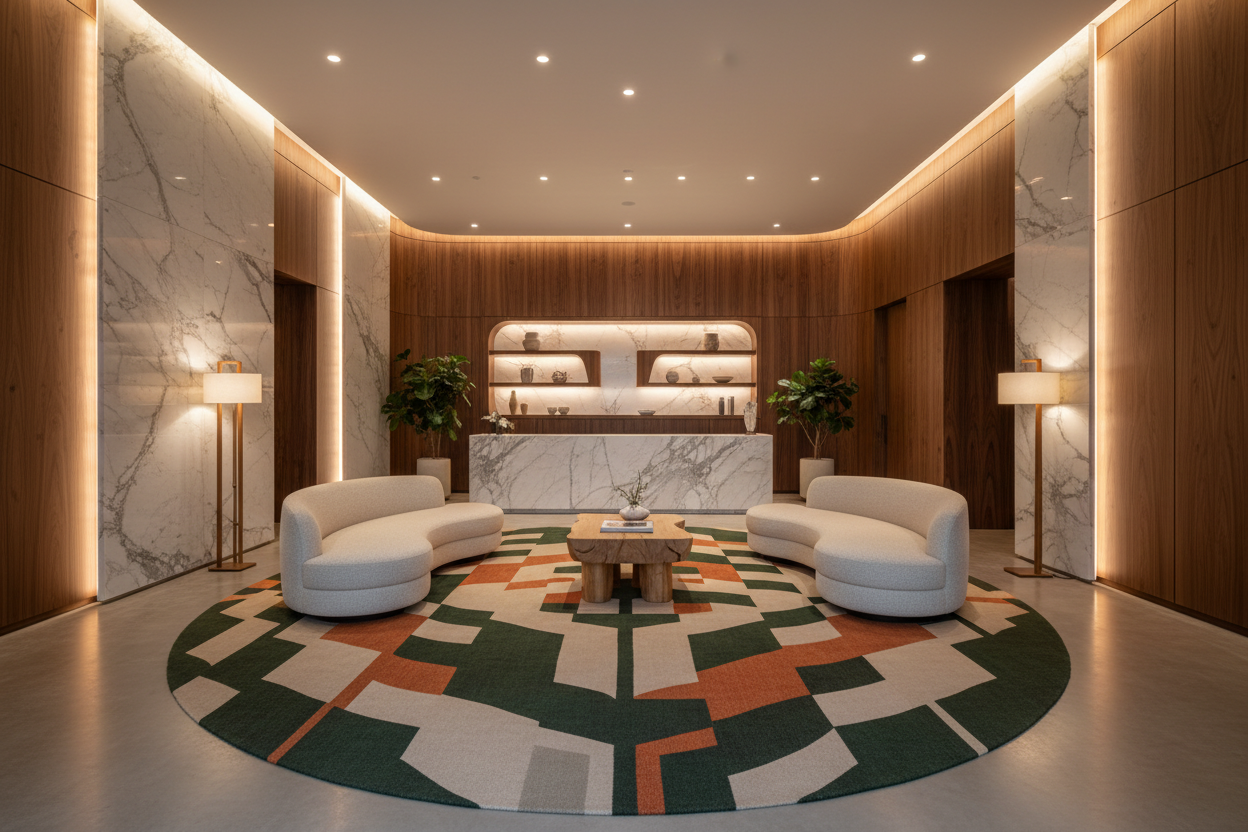 Boutique hotel lobby with modern organic design, custom rug with contemporary graphic pattern, warm indirect lighting, marble and wood textures, spacious minimal layout, professional architectural photography, 4k.
