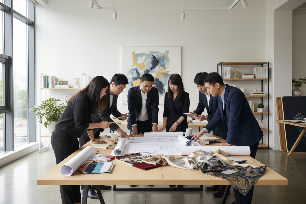 Bright, professional photo of a modern  chinese design studio team collaborating over a large technical drawing or textile swatches.