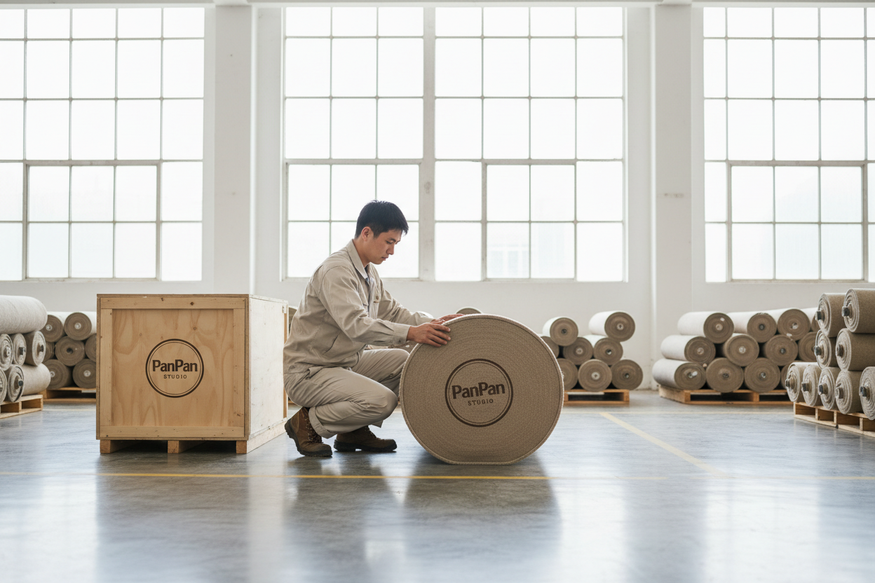 clean modern textile warehouse with large industrial windows, soft natural daylight. Asian male worker in beige factory uniform inspecting a large rolled carpet wrapped in beige protective fabric with a simple round “PanPan Studio” logo. Wooden shipping crate nearby with the same logo. Pallets arranged neatly, polished floor, high-end commercial photography, 4k, wide-angle shot, 16:10 aspect ratio.
