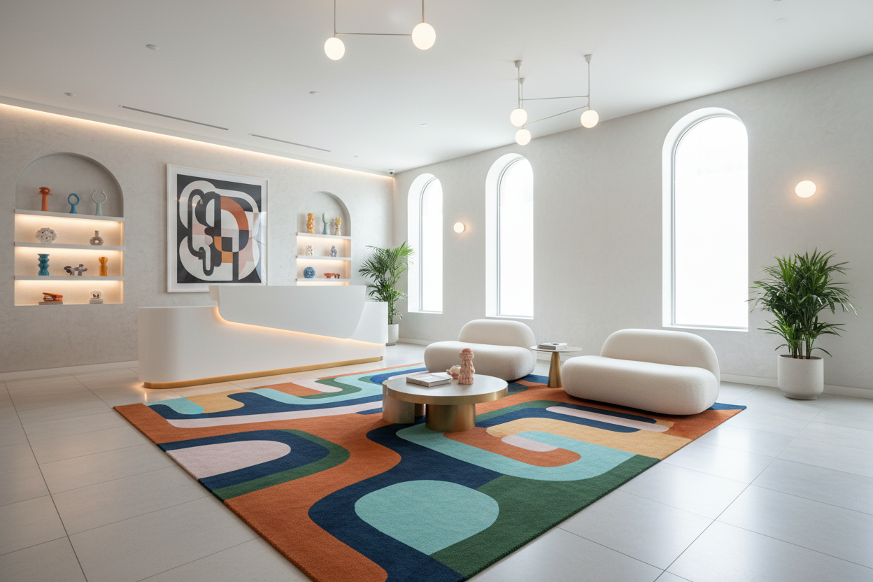 Creative studio reception space featuring a custom abstract-color rug, modern artistic vibe, playful but minimal, clean lines, bright ambient lighting, 4k interior scene.
