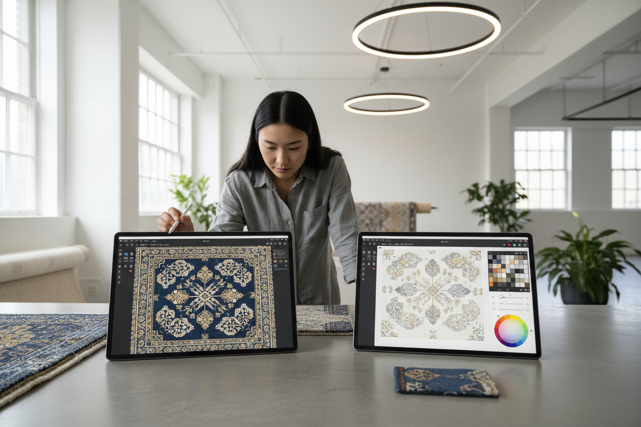 designer workstation with two tablets displaying detailed carpet pattern simulations that match real weaving results, digital pattern mapping and color calibration interface, modern clean studio with Asian designer working, soft natural daylight, minimalist aesthetic, high-resolution commercial photography style
