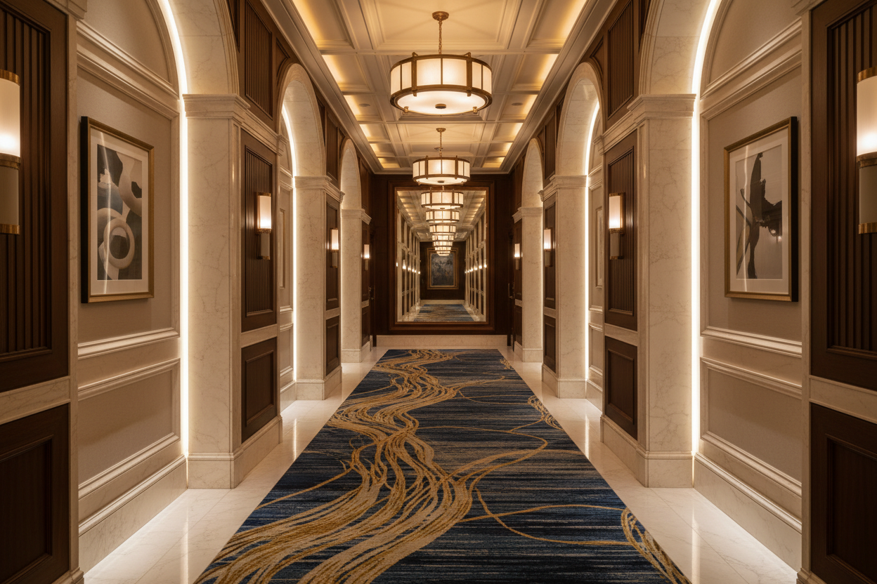 high-end hotel corridor featuring custom patterned carpet, symmetrical architecture, soft ambient lighting, luxury hospitality interior style, premium architectural photography
