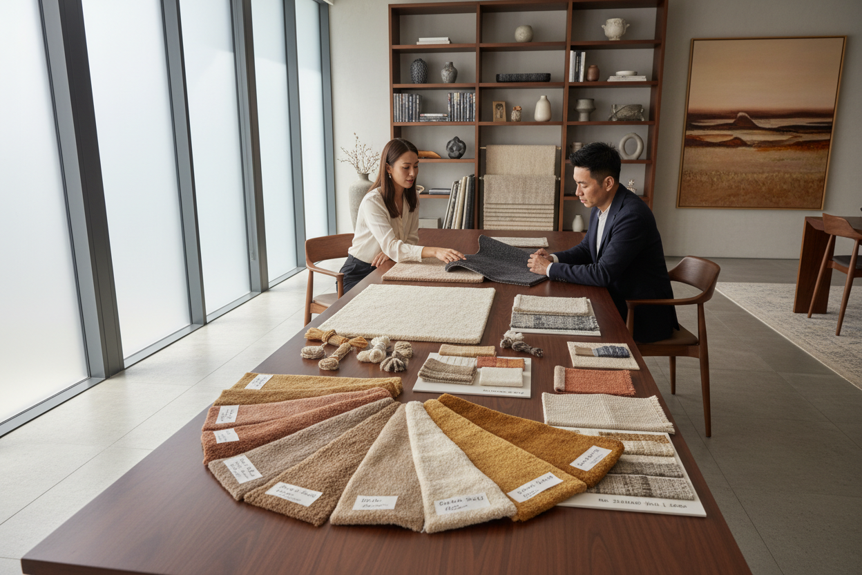 high-end interior design consultation scene, designer and client reviewing carpet material swatches and fiber samples on a large table, soft natural lighting, modern Asian studio environment, premium textile samples neatly arranged, warm color palette, clean aesthetic, photographed with a high-resolution commercial camera
