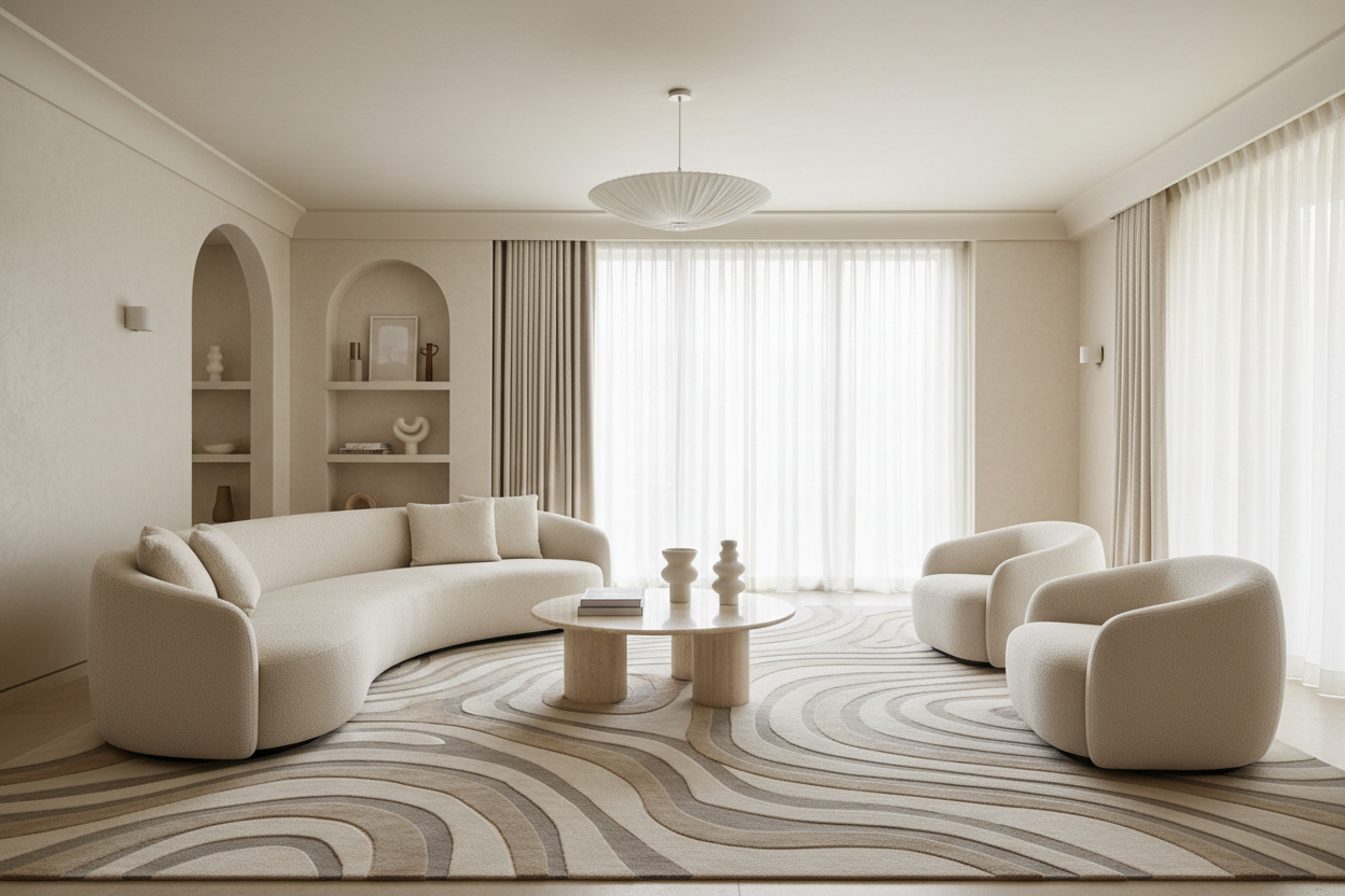 High-end luxury residence living room, quiet luxury aesthetic, soft cream palette, organic-pattern custom rug as the focal point, curved designer sofa, ambient natural light, editorial photo style, ultra realistic, 4k.
