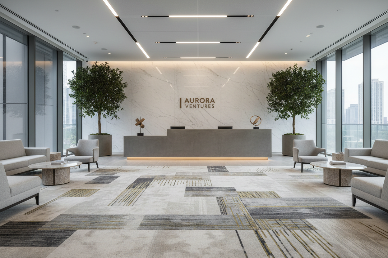 modern corporate lobby with custom rug installation, clean minimalist architecture, neutral color palette, wide-angle shot, premium commercial interior photography
