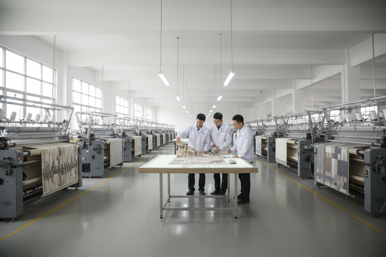 modern textile factory in China, clean weaving workshop with rows of machines, technicians in white uniforms reviewing a prototype rug or fabric sample on a large table. Soft daylight from factory windows, neutral color palette, high-end industrial photography, 4k, wide-angle, realistic, 16:10 aspect ratio.
