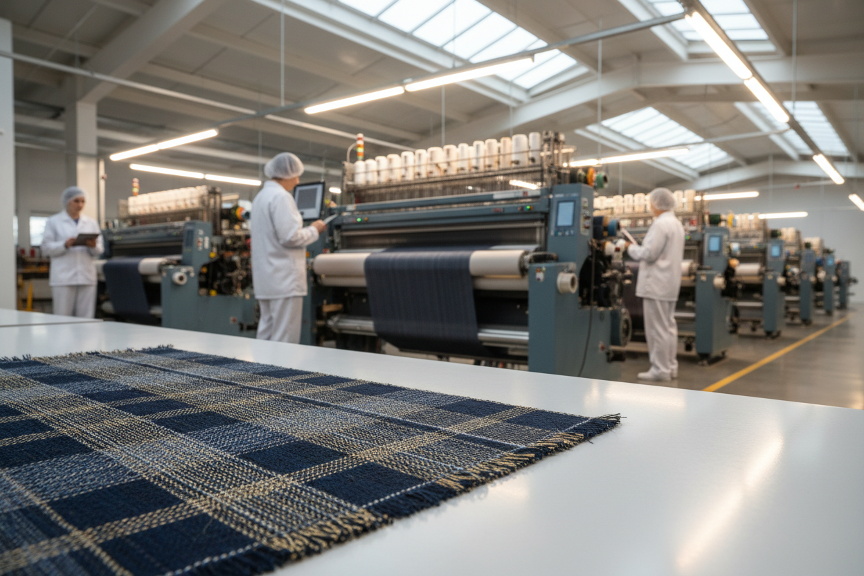 textile prototype sample on production table, professional weaving equipment, clean factory, workers in white uniform, cinematic lighting, 4k
