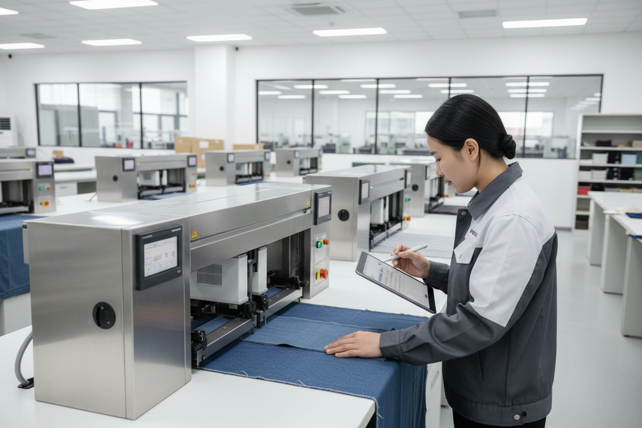 Wide, clean, and modern industrial photo of a high-tech quality control lab inside a textile factory. The image should feature a close-up of textile testing equipment (like a colorfastness tester or tensile strength machine) with a PanPan Studio employee (wearing clean uniform) recording data. Focus on precision and control.